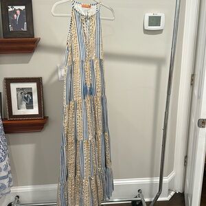 Oliphant blue/gold long tiered tassel dress